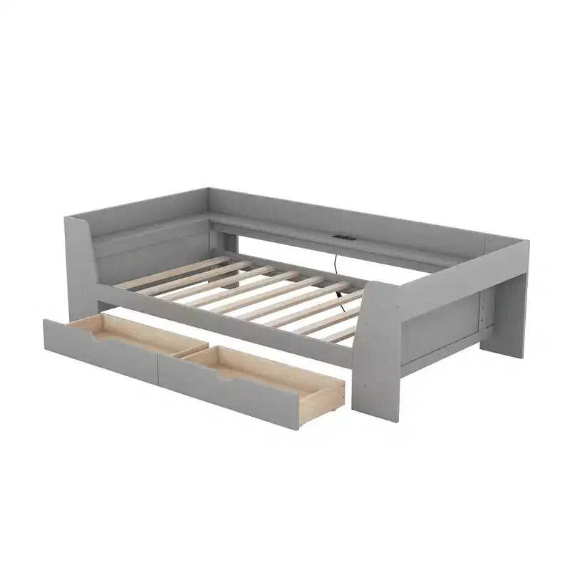 Divano letto singolo con mensole portaoggetti e 2 cassetti, Struttura divano letto singolo in legno massello con stazione di ricarica integrata