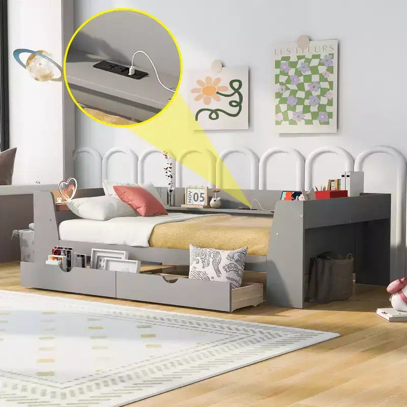 Twin Daybed with Storage Shelves and 2 Drawers, Solid Wood Twin Size Daybed Frame with Built-in Charging Station