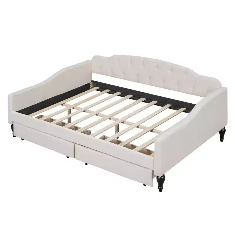 Divano letto imbottito matrimoniale con 2 cassetti, divano letto in lino con schienale trapuntato a bottoni per camera da letto, soggiorno, camera degli ospiti, beige