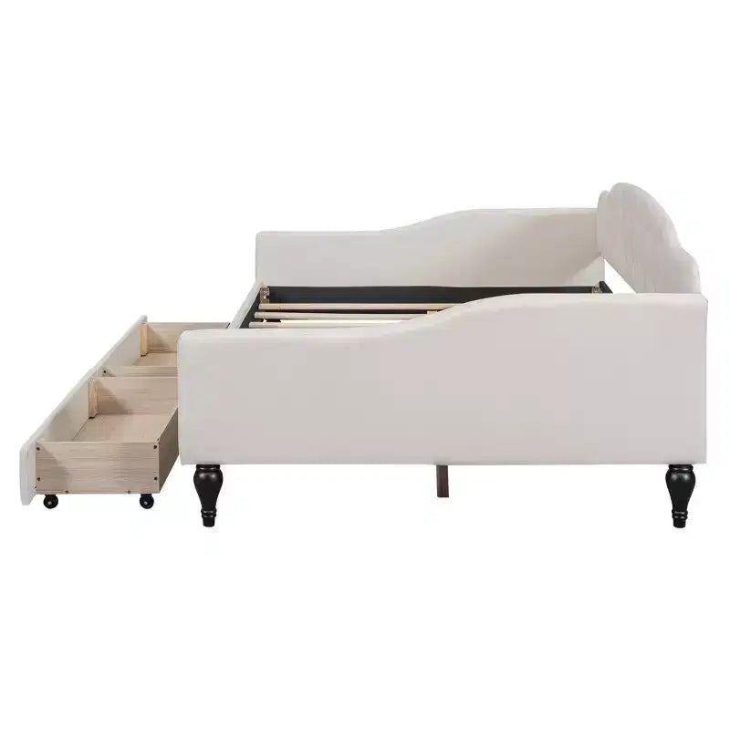 Divano letto imbottito matrimoniale con 2 cassetti, divano letto in lino con schienale trapuntato a bottoni per camera da letto, soggiorno, camera degli ospiti, beige