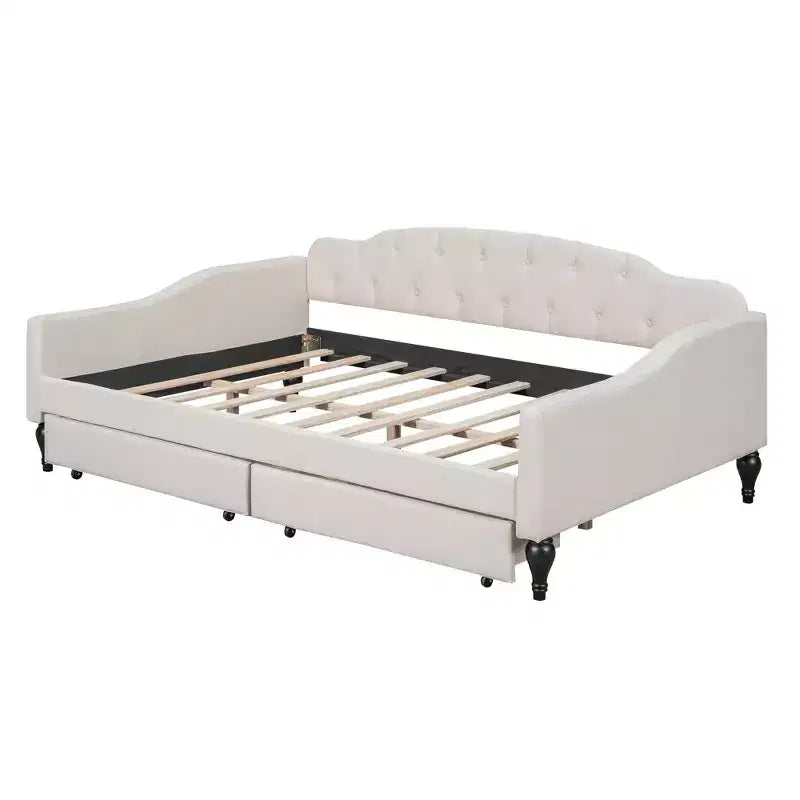 Divano letto imbottito matrimoniale con 2 cassetti, divano letto in lino con schienale trapuntato a bottoni per camera da letto, soggiorno, camera degli ospiti, beige
