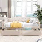 Divano letto imbottito matrimoniale con 2 cassetti, divano letto in lino con schienale trapuntato a bottoni per camera da letto, soggiorno, camera degli ospiti, beige