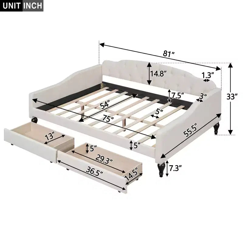 Divano letto imbottito matrimoniale con 2 cassetti, divano letto in lino con schienale trapuntato a bottoni per camera da letto, soggiorno, camera degli ospiti, beige