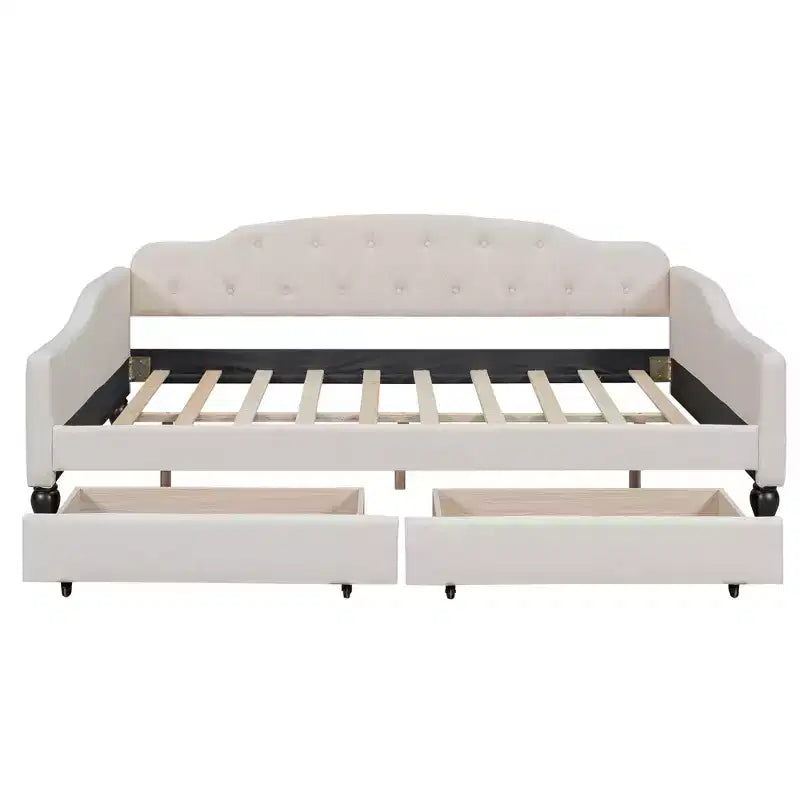 Divano letto imbottito matrimoniale con 2 cassetti, divano letto in lino con schienale trapuntato a bottoni per camera da letto, soggiorno, camera degli ospiti, beige