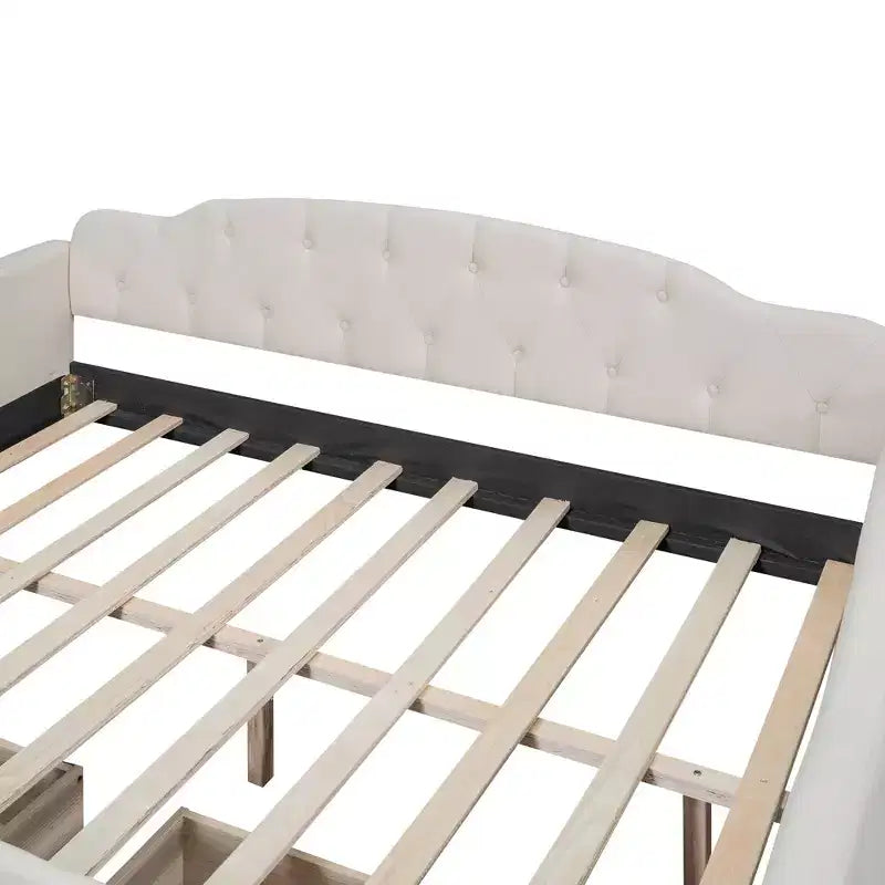 Divano letto imbottito matrimoniale con 2 cassetti, divano letto in lino con schienale trapuntato a bottoni per camera da letto, soggiorno, camera degli ospiti, beige