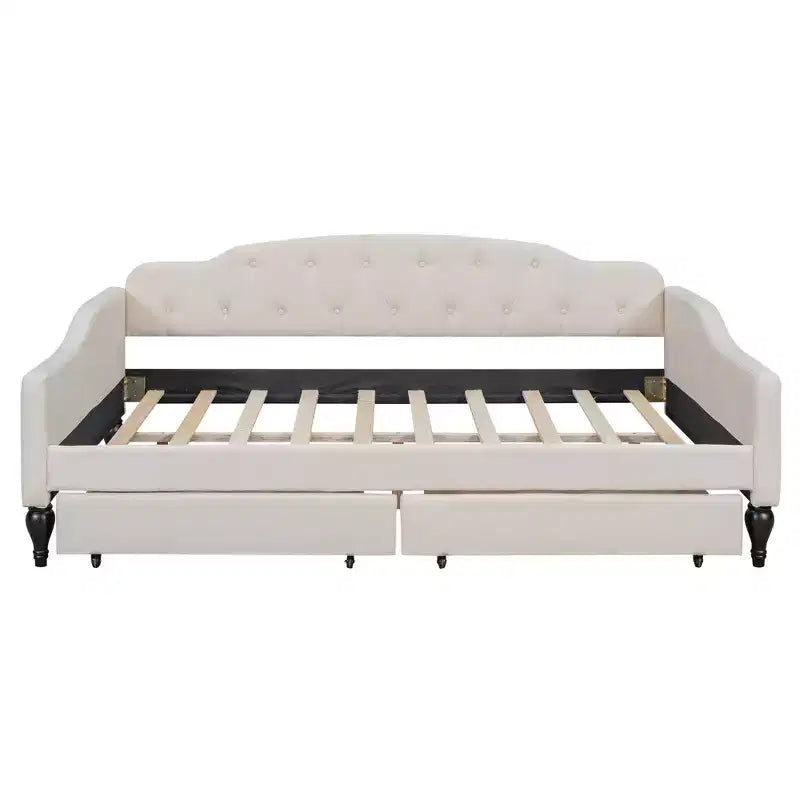Divano letto imbottito matrimoniale con 2 cassetti, divano letto in lino con schienale trapuntato a bottoni per camera da letto, soggiorno, camera degli ospiti, beige