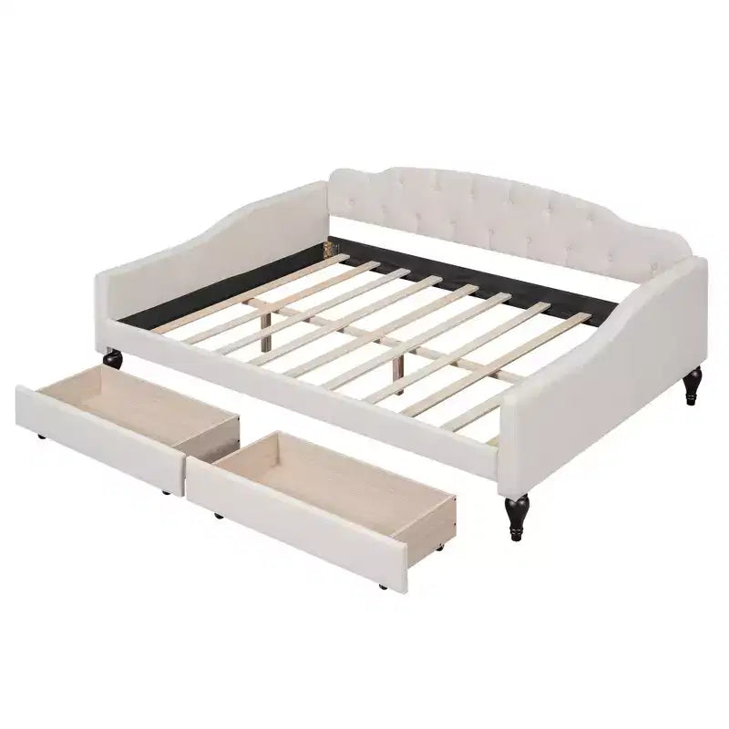 Divano letto imbottito matrimoniale con 2 cassetti, divano letto in lino con schienale trapuntato a bottoni per camera da letto, soggiorno, camera degli ospiti, beige