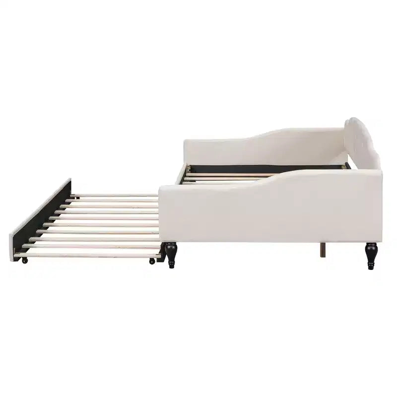 Divano letto imbottito in tessuto tufted con schienale trapuntato, struttura in legno, misura matrimoniale, per camera da letto, beige