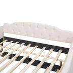 Divano letto imbottito in tessuto tufted con schienale trapuntato, struttura in legno, misura matrimoniale, per camera da letto, beige