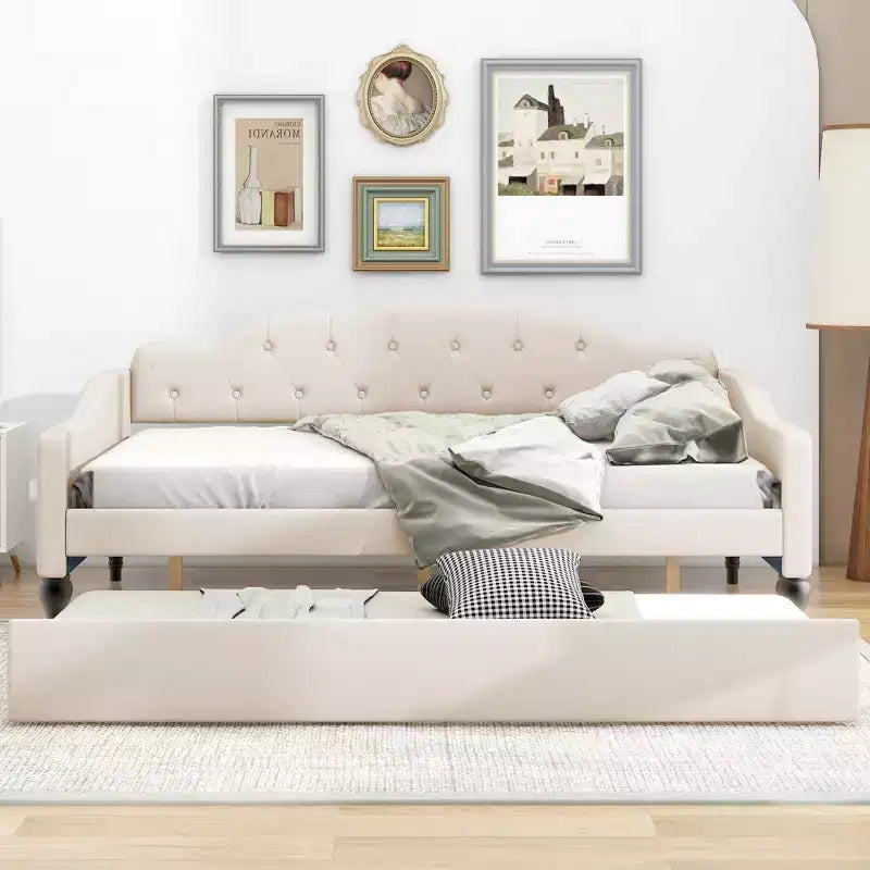 Divano letto imbottito in tessuto tufted con schienale trapuntato, struttura in legno, misura matrimoniale, per camera da letto, beige