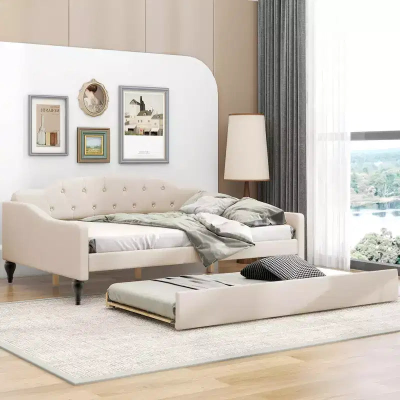 Divano letto imbottito in tessuto tufted con schienale trapuntato, struttura in legno, misura matrimoniale, per camera da letto, beige