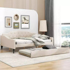 Divano letto imbottito in tessuto tufted con schienale trapuntato, struttura in legno, misura matrimoniale, per camera da letto, beige