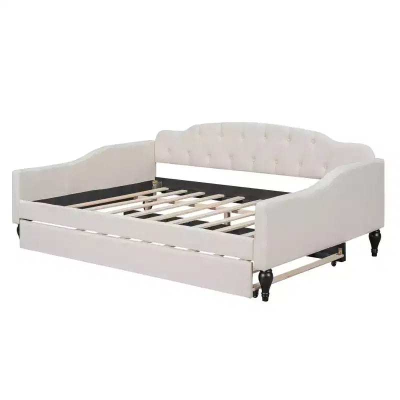 Divano letto imbottito in tessuto tufted con schienale trapuntato, struttura in legno, misura matrimoniale, per camera da letto, beige