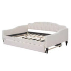 Divano letto imbottito in tessuto tufted con schienale trapuntato, struttura in legno, misura matrimoniale, per camera da letto, beige