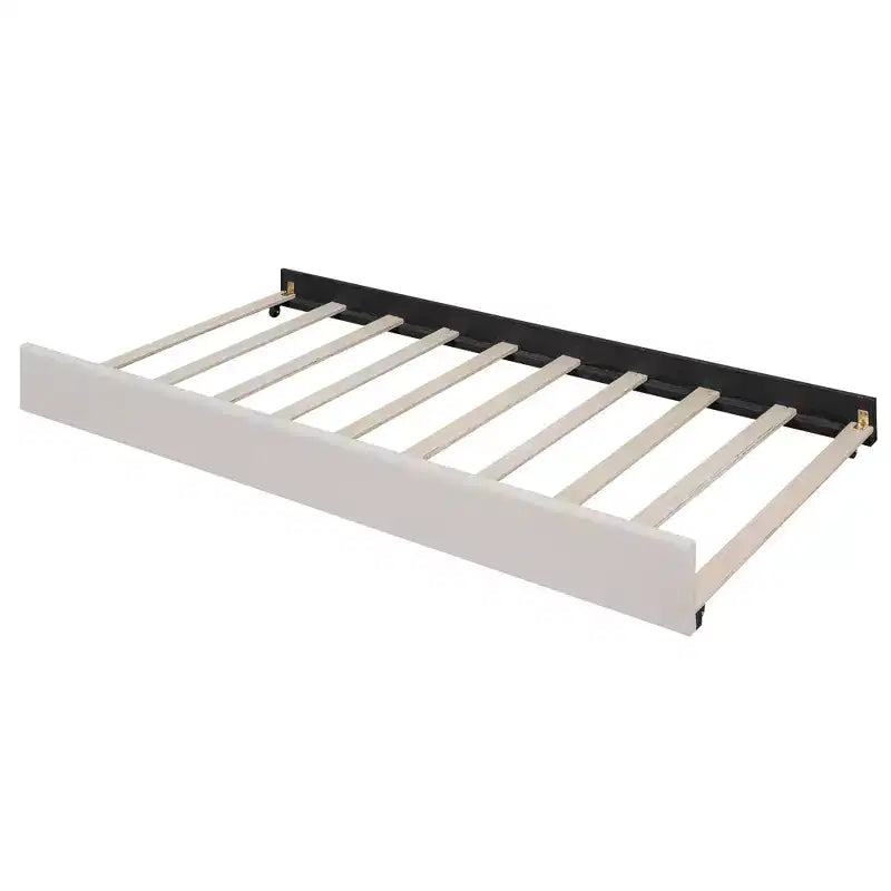 Divano letto imbottito in tessuto tufted con schienale trapuntato, struttura in legno, misura matrimoniale, per camera da letto, beige