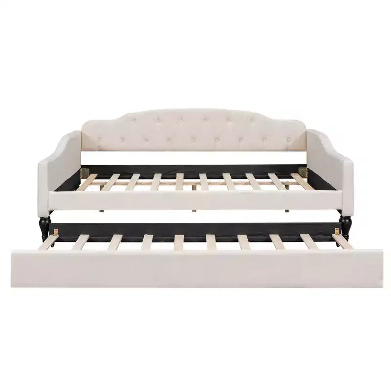 Divano letto imbottito in tessuto tufted con schienale trapuntato, struttura in legno, misura matrimoniale, per camera da letto, beige