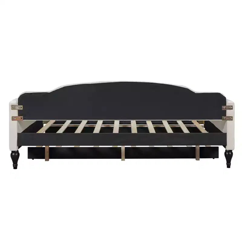 Divano letto imbottito in tessuto tufted con schienale trapuntato, struttura in legno, misura matrimoniale, per camera da letto, beige