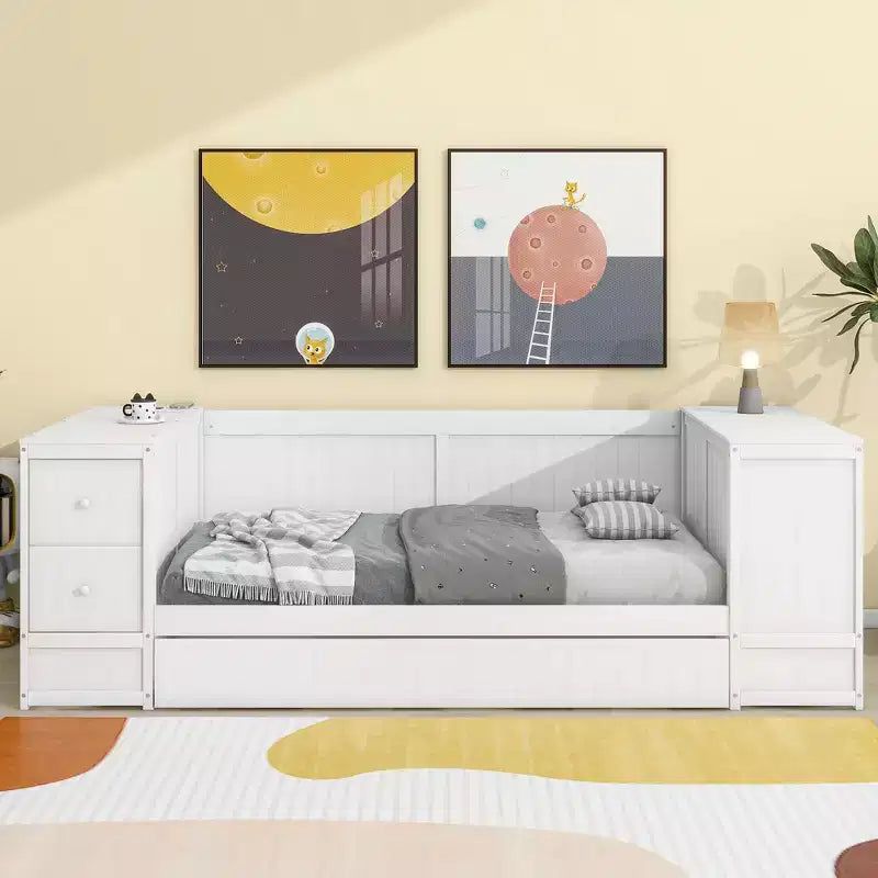 Divano Letto Singolo con Letto Estraibile e Cassetti, Struttura Divano Letto Singolo con Braccioli Contenitore e Stazione di Ricarica per Camera da Letto Soggiorno