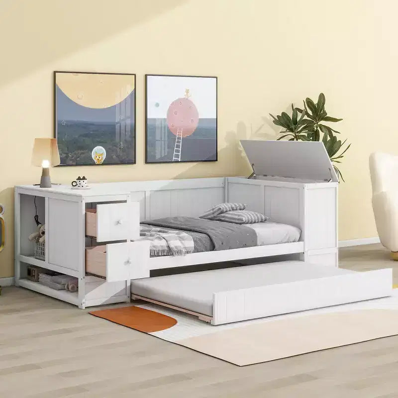 Divano Letto Singolo con Letto Estraibile e Cassetti, Struttura Divano Letto Singolo con Braccioli Contenitore e Stazione di Ricarica per Camera da Letto Soggiorno