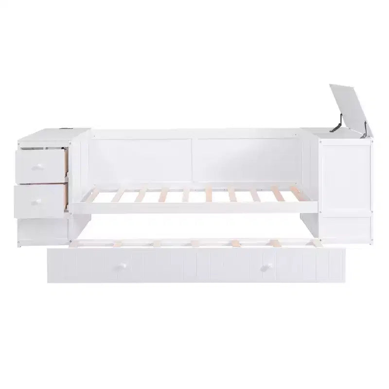Divano Letto Singolo con Letto Estraibile e Cassetti, Struttura Divano Letto Singolo con Braccioli Contenitore e Stazione di Ricarica per Camera da Letto Soggiorno