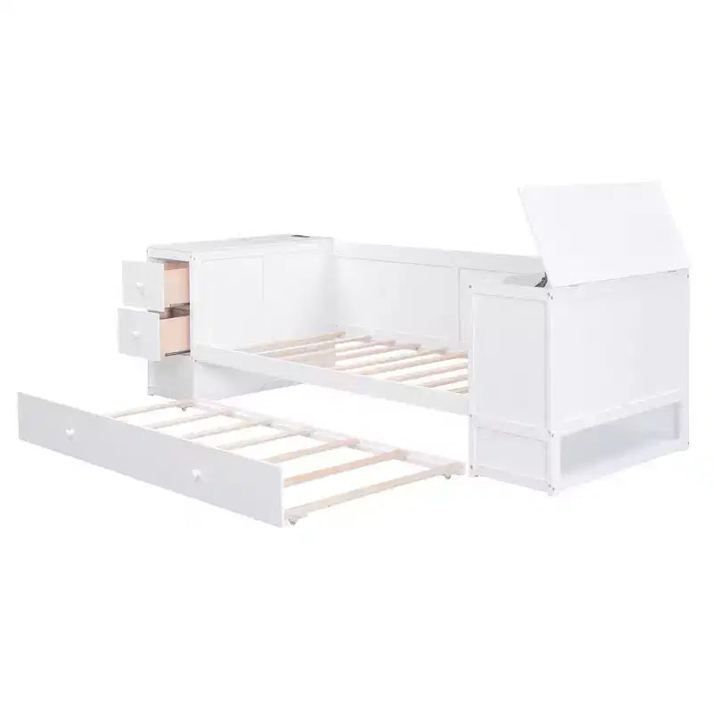 Divano Letto Singolo con Letto Estraibile e Cassetti, Struttura Divano Letto Singolo con Braccioli Contenitore e Stazione di Ricarica per Camera da Letto Soggiorno