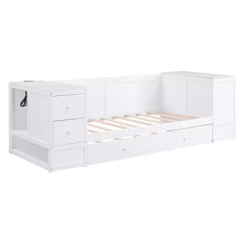 Divano Letto Singolo con Letto Estraibile e Cassetti, Struttura Divano Letto Singolo con Braccioli Contenitore e Stazione di Ricarica per Camera da Letto Soggiorno