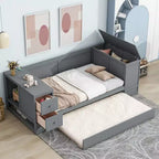 Divano Letto Singolo con Letto Estraibile e Cassetti, Struttura Divano Letto Singolo con Braccioli Contenitore e Stazione di Ricarica per Camera da Letto Soggiorno