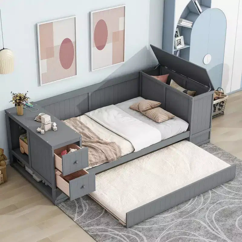 Divano Letto Singolo con Letto Estraibile e Cassetti, Struttura Divano Letto Singolo con Braccioli Contenitore e Stazione di Ricarica per Camera da Letto Soggiorno