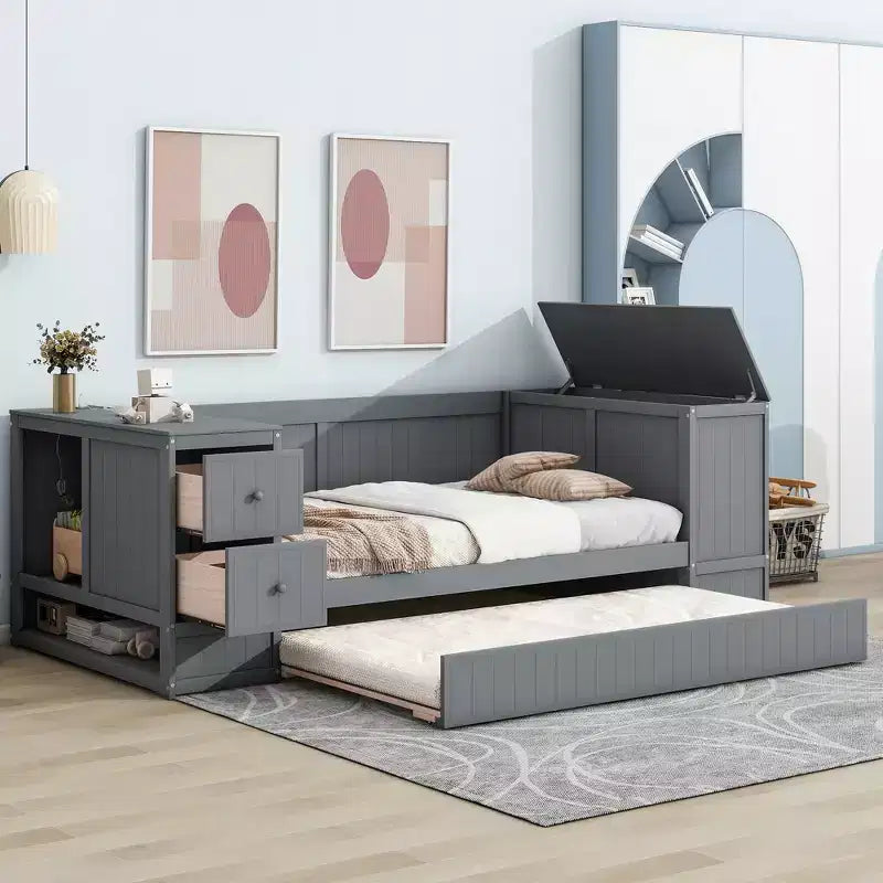 Divano Letto Singolo con Letto Estraibile e Cassetti, Struttura Divano Letto Singolo con Braccioli Contenitore e Stazione di Ricarica per Camera da Letto Soggiorno