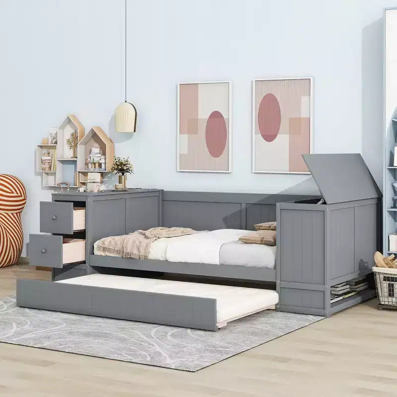 Divano Letto Singolo con Letto Estraibile e Cassetti, Struttura Divano Letto Singolo con Braccioli Contenitore e Stazione di Ricarica per Camera da Letto Soggiorno