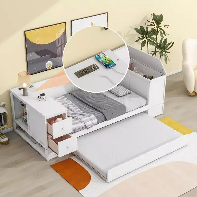 Divano Letto Singolo con Letto Estraibile e Cassetti, Struttura Divano Letto Singolo con Braccioli Contenitore e Stazione di Ricarica per Camera da Letto Soggiorno