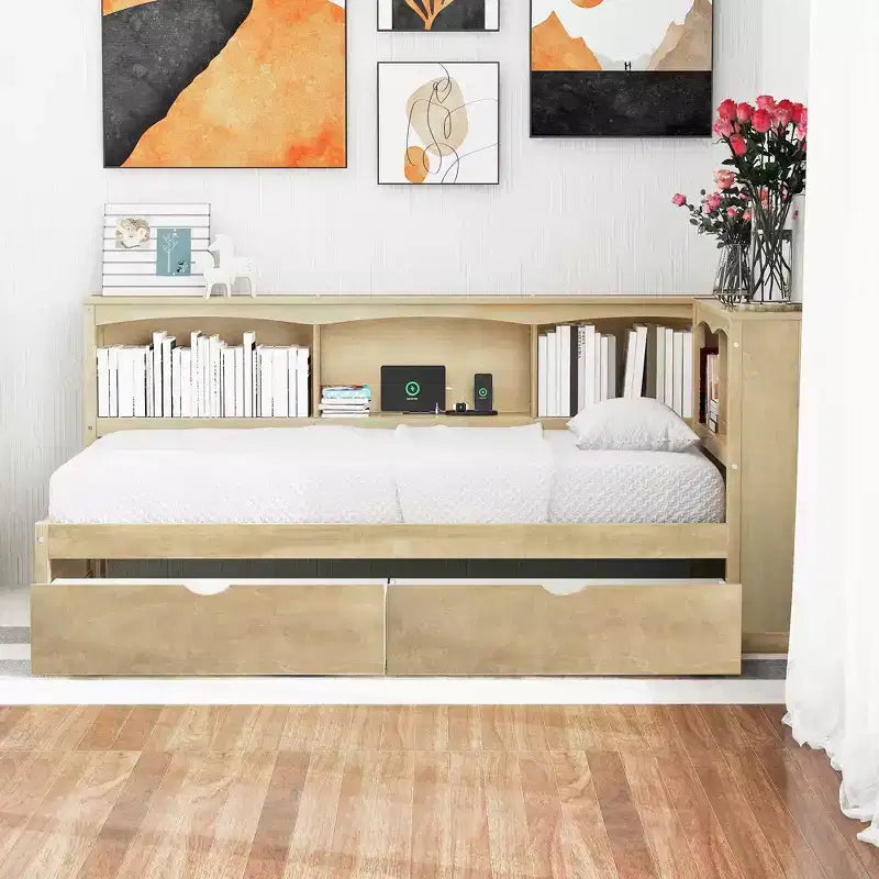 Divano Letto Singolo con Letto Estraibile e Libreria, Divano Letto a L con Mensole e Porte USB, Struttura Letto ad Angolo Singolo con Testiera