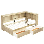 Divano Letto Singolo con Letto Estraibile e Libreria, Divano Letto a L con Mensole e Porte USB, Struttura Letto ad Angolo Singolo con Testiera