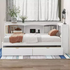Divano Letto Singolo con Letto Estraibile e Libreria, Divano Letto a L con Mensole e Porte USB, Struttura Letto ad Angolo Singolo con Testiera