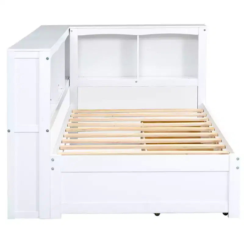 Divano Letto Singolo con Letto Estraibile e Libreria, Divano Letto a L con Mensole e Porte USB, Struttura Letto ad Angolo Singolo con Testiera