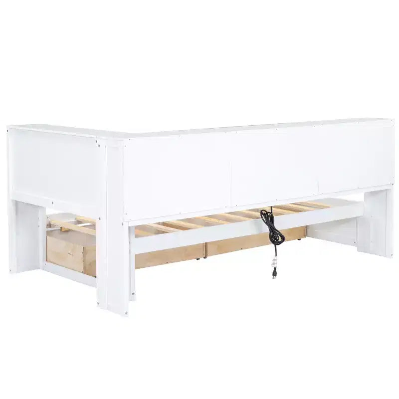 Divano Letto Singolo con Letto Estraibile e Libreria, Divano Letto a L con Mensole e Porte USB, Struttura Letto ad Angolo Singolo con Testiera
