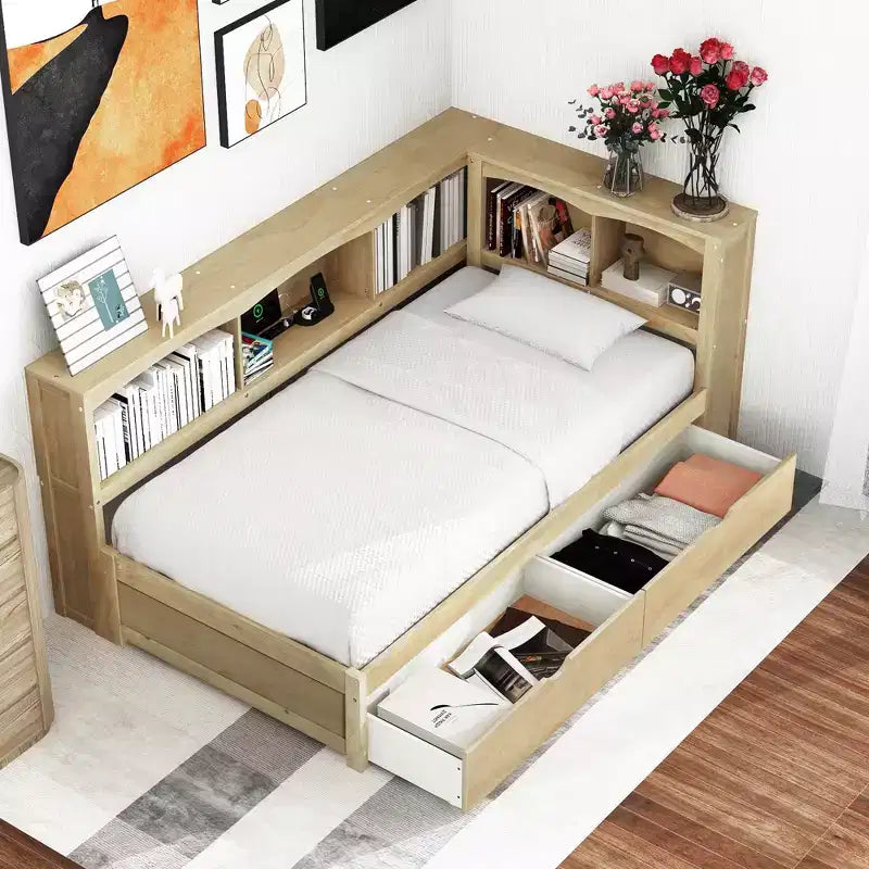 Divano Letto Singolo con Letto Estraibile e Libreria, Divano Letto a L con Mensole e Porte USB, Struttura Letto ad Angolo Singolo con Testiera