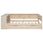 Letto a piattaforma con testiera a libreria angolare e cassetti, Struttura letto in legno con ricarica e testiera imbottita, Crema