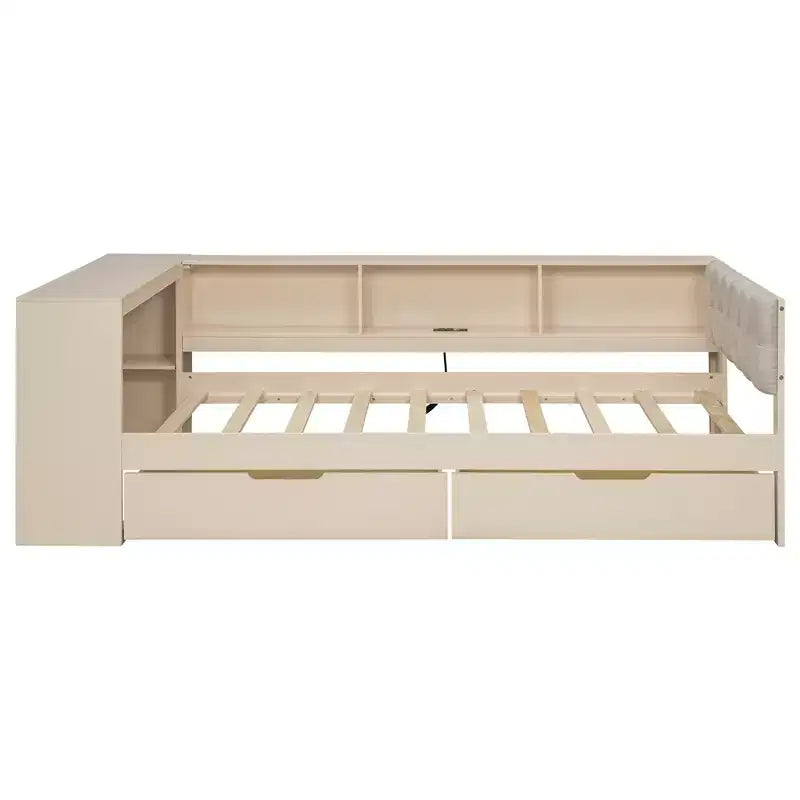 Letto a piattaforma con testiera a libreria angolare e cassetti, Struttura letto in legno con ricarica e testiera imbottita, Crema