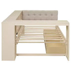 Letto a piattaforma con testiera a libreria angolare e cassetti, Struttura letto in legno con ricarica e testiera imbottita, Crema