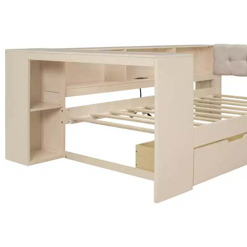 Letto a piattaforma con testiera a libreria angolare e cassetti, Struttura letto in legno con ricarica e testiera imbottita, Crema