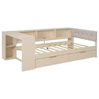 Letto a piattaforma con testiera a libreria angolare e cassetti, Struttura letto in legno con ricarica e testiera imbottita, Crema