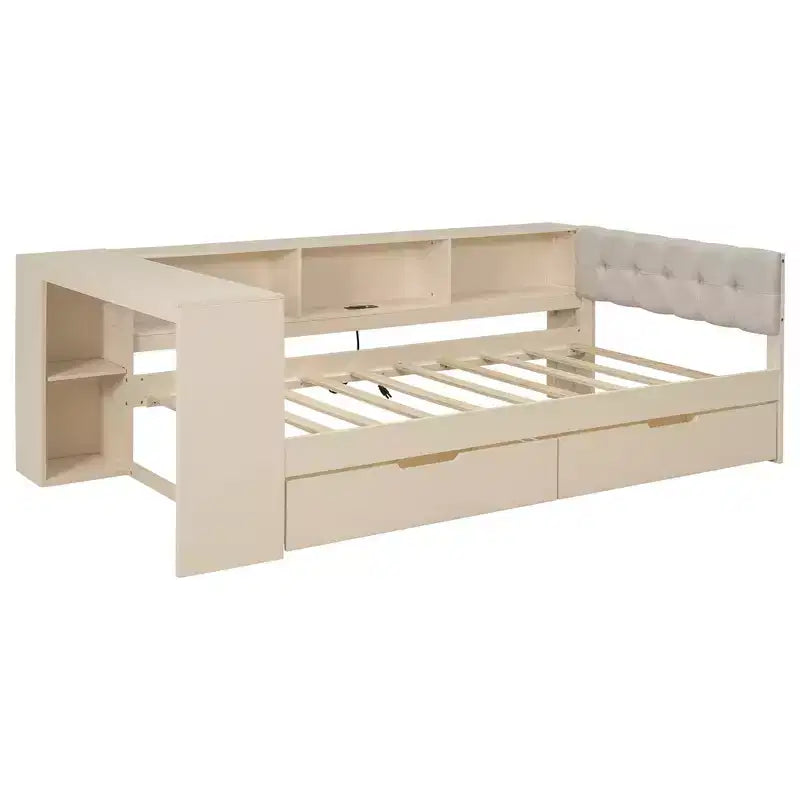 Letto a piattaforma con testiera a libreria angolare e cassetti, Struttura letto in legno con ricarica e testiera imbottita, Crema