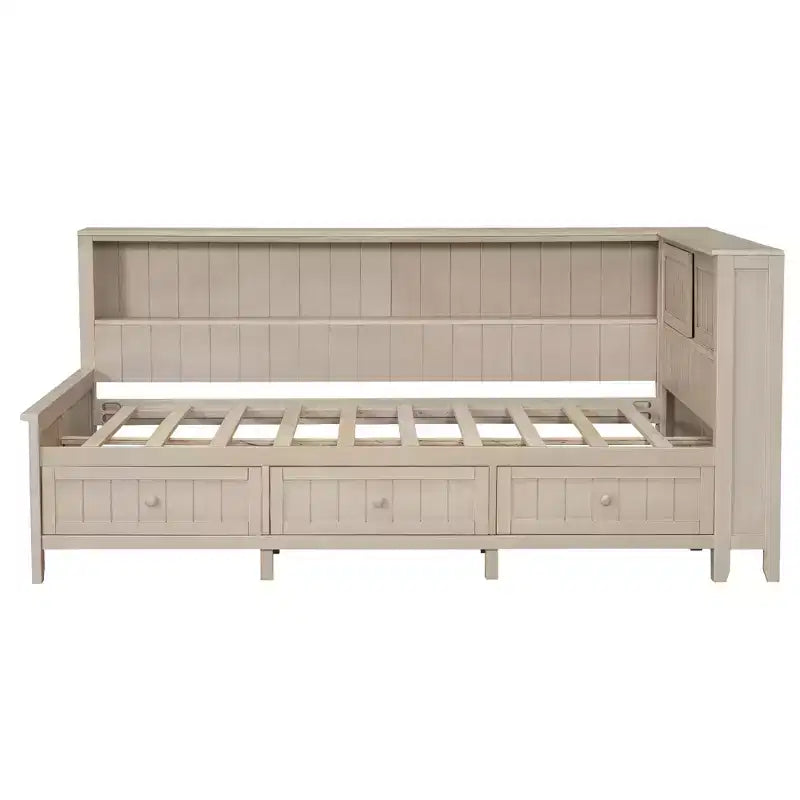Divano letto contenitore in legno, base letto a piattaforma con mensole e 3 cassetti e ante scorrevoli, letto ad angolo a L con contenitori, bianco antico