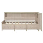 Divano letto contenitore in legno, base letto a piattaforma con mensole e 3 cassetti e ante scorrevoli, letto ad angolo a L con contenitori, bianco antico