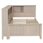 Divano letto contenitore in legno, base letto a piattaforma con mensole e 3 cassetti e ante scorrevoli, letto ad angolo a L con contenitori, bianco antico