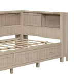 Divano letto contenitore in legno, base letto a piattaforma con mensole e 3 cassetti e ante scorrevoli, letto ad angolo a L con contenitori, bianco antico