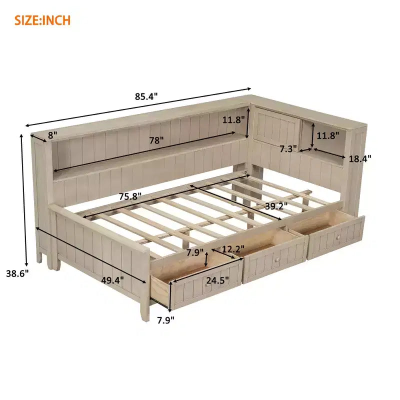 Divano letto contenitore in legno, base letto a piattaforma con mensole e 3 cassetti e ante scorrevoli, letto ad angolo a L con contenitori, bianco antico