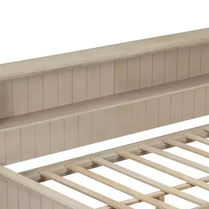 Divano letto contenitore in legno, base letto a piattaforma con mensole e 3 cassetti e ante scorrevoli, letto ad angolo a L con contenitori, bianco antico