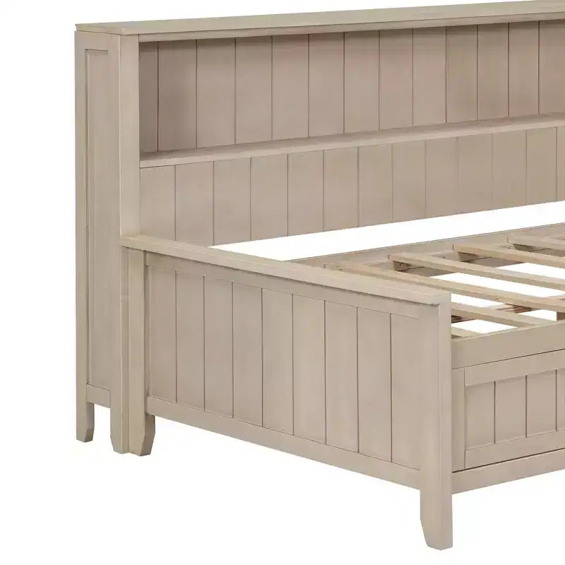 Divano letto contenitore in legno, base letto a piattaforma con mensole e 3 cassetti e ante scorrevoli, letto ad angolo a L con contenitori, bianco antico